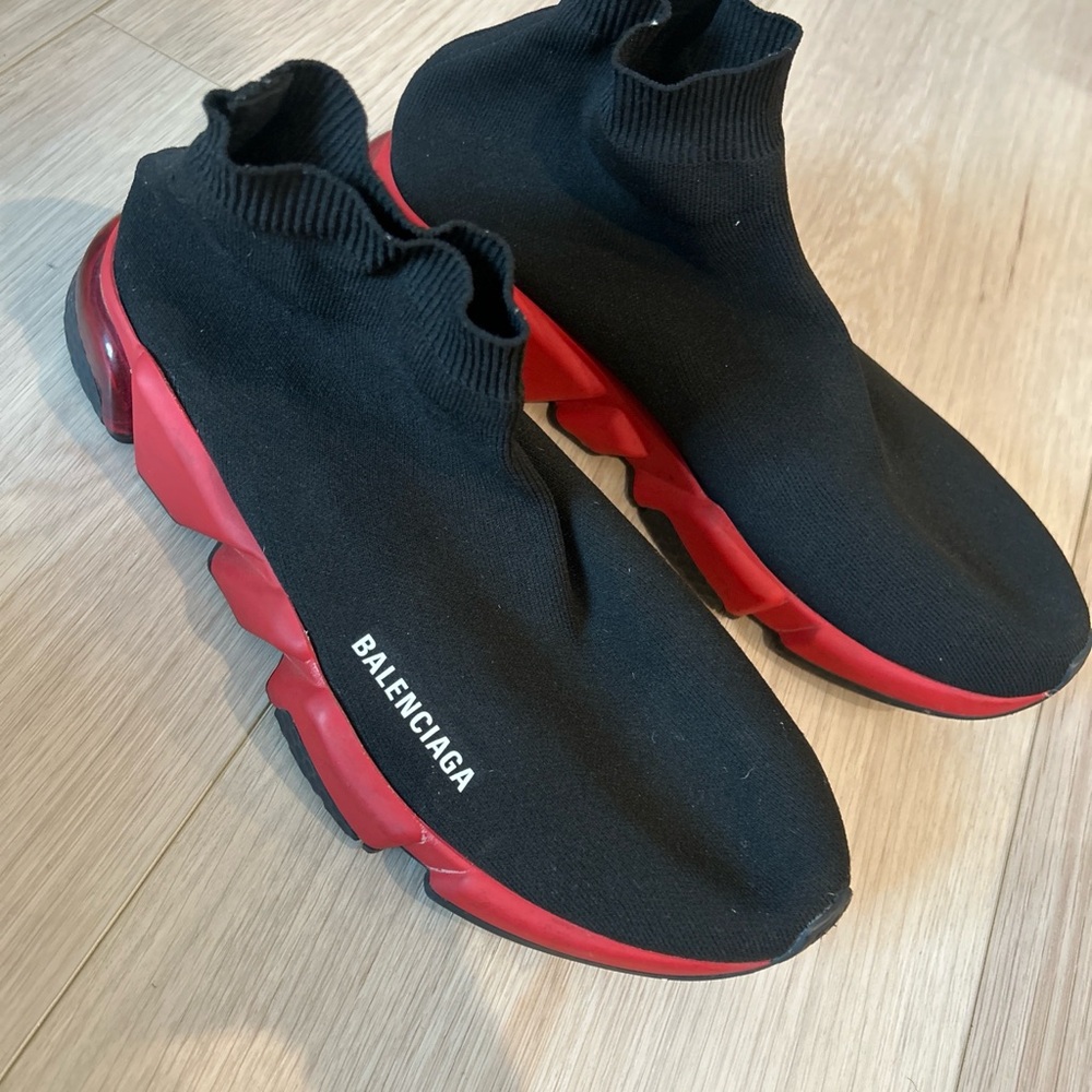 Balenciaga Black Knit Sock Sneakers with Red Chunky Sole
